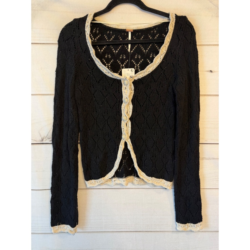 Free People Black Cream Pointelle Knit Crochet Trim Cardigan OB2049463 XS